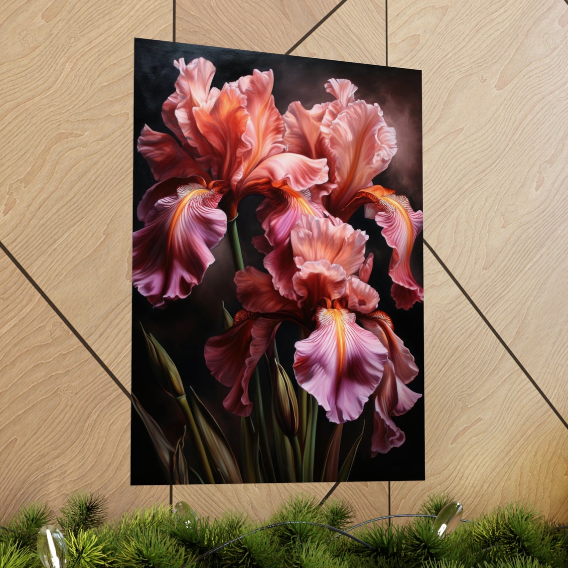 Pink Iris Blooms Soft Rose Dramatic Dark Floral Wall Art Print - Image 2