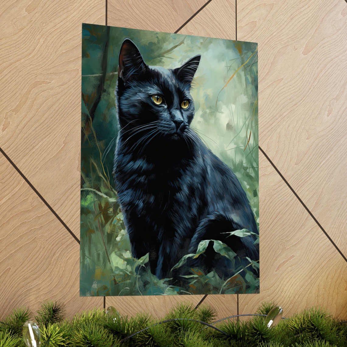 Bombay Black Cat Gold Eyes Garden Portrait Animal Art Poster - Image 2