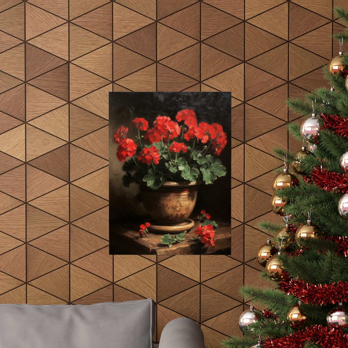 Scarlet Red Geranium Clay Pot Dark Rustic Still Life Flower Poster - Image 3