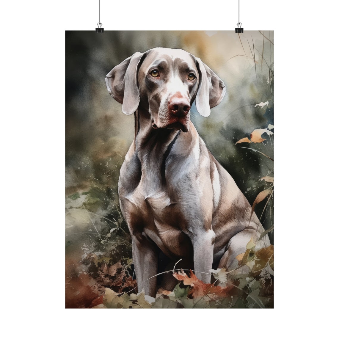 Weimaraner Dog Sitting Among Autumn Leaves Watercolor Art Print - Image 5