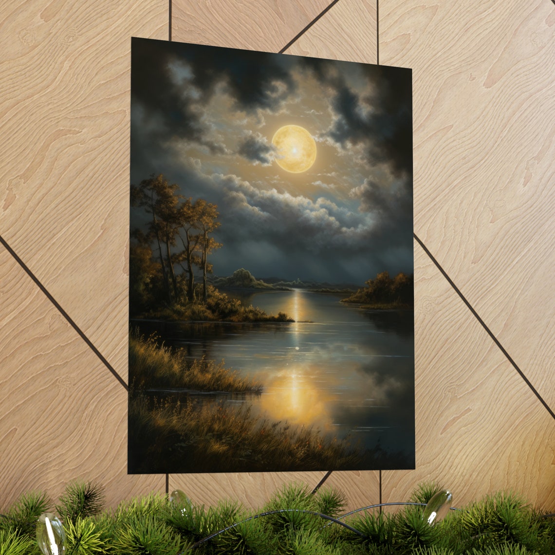 Golden Full Moon Over Calm Lake Night Reflection Moody Wall Art Print - Image 2