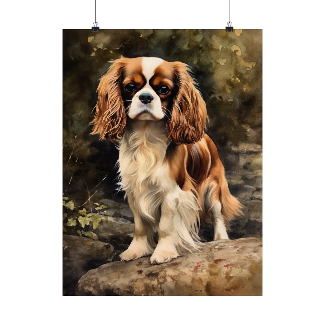 English Toy Spaniel Standing on Rocks Watercolor Dog Art Print - Image 5