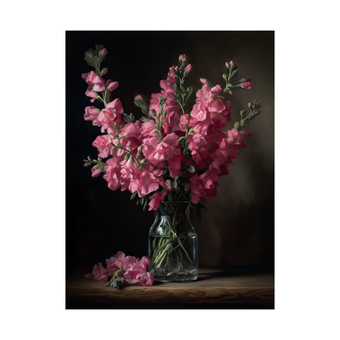 Rose Pink Snapdragon Flowers Glass Vase Dark Moody Floral Art Print - Image 4