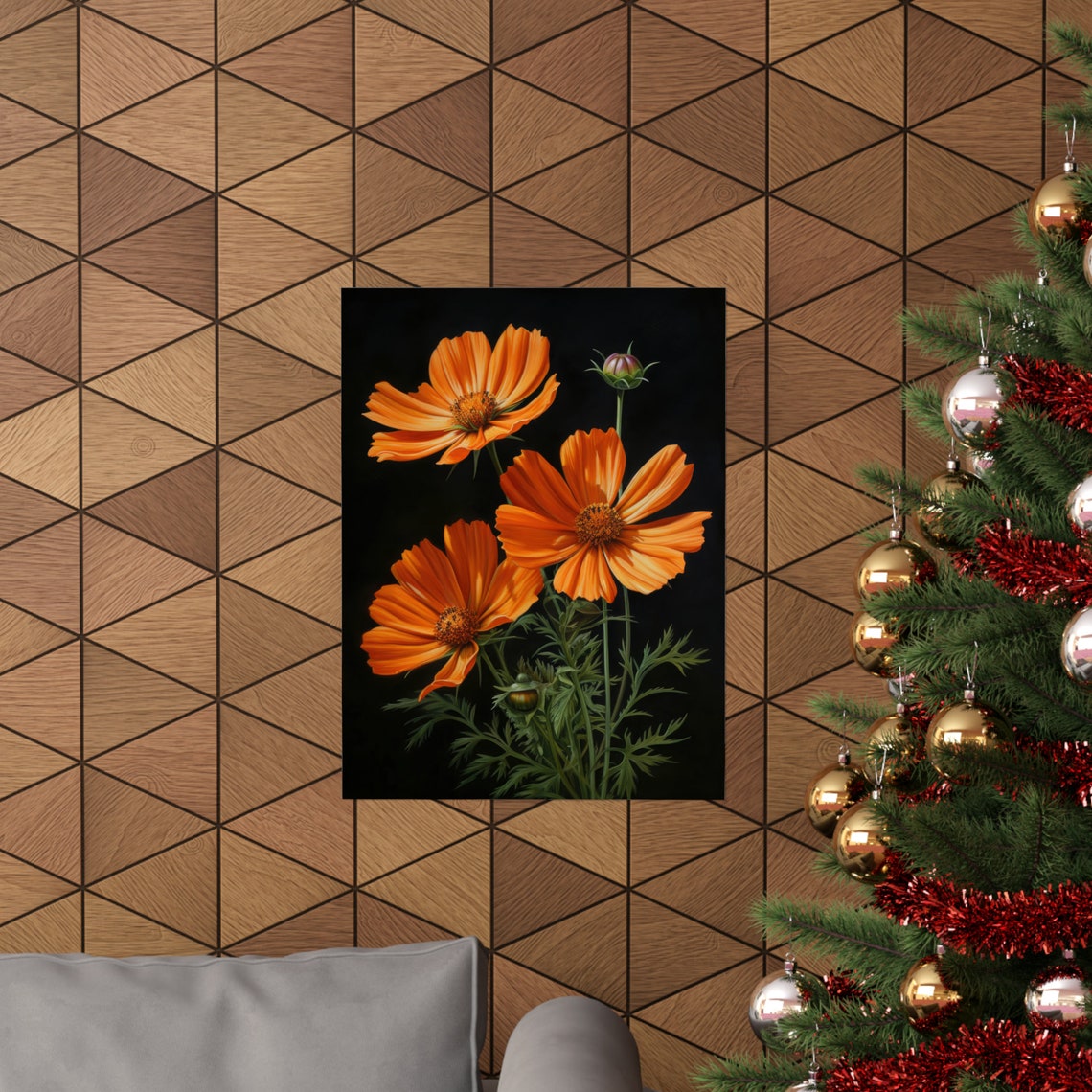 Orange Cosmos Flowers Dark Background Fall Floral Fine Art Poster - Image 3