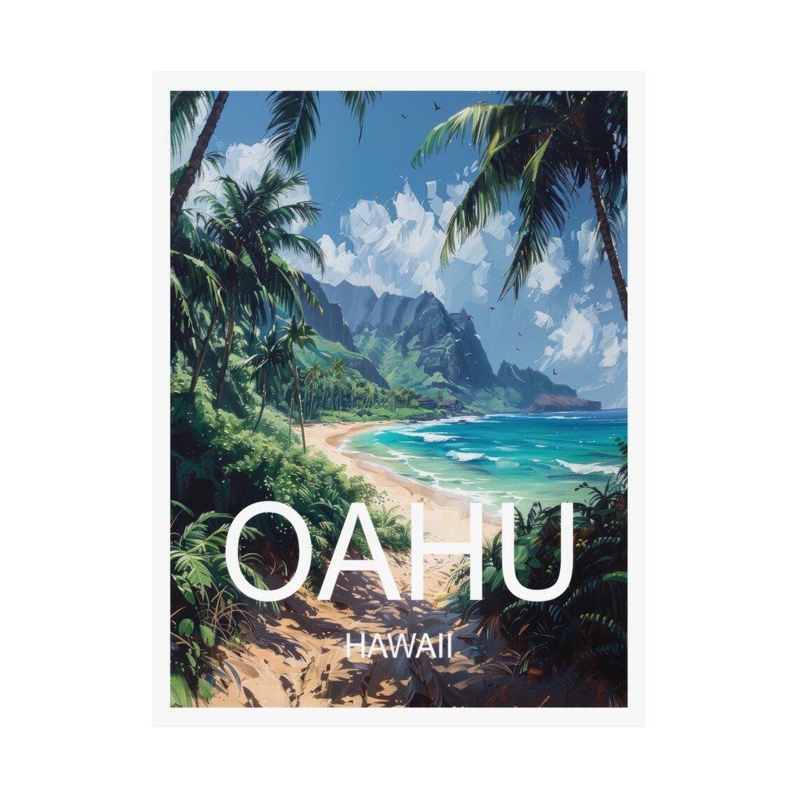 Oahu Hawaii Tropical Beach Palm Coast Mountain View Travel Poster - Image 3