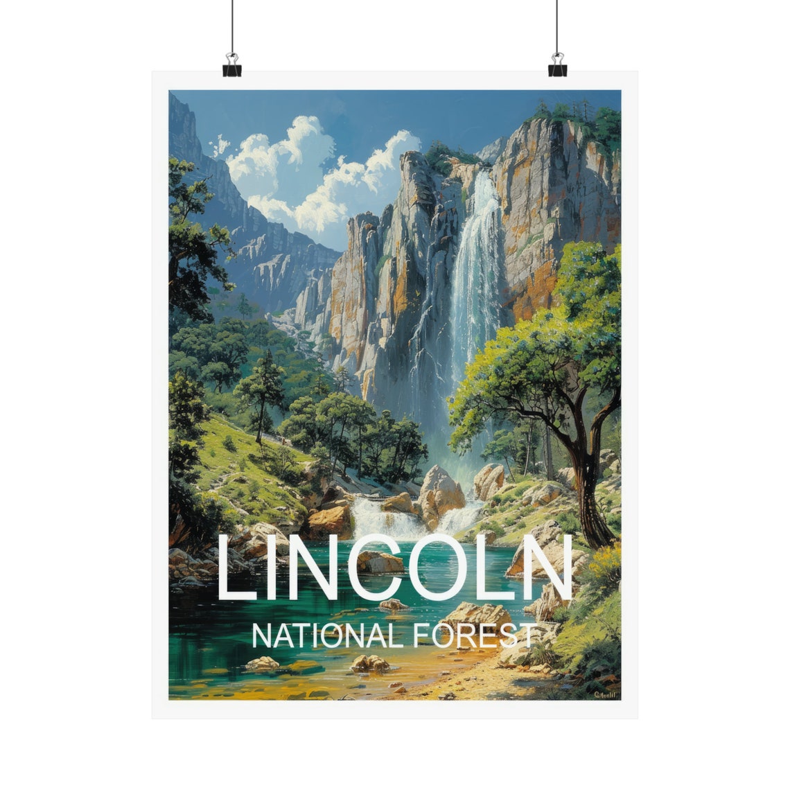 Lincoln National Forest Tall Waterfall Off Rocky Cliffs Pool Poster - Image 5