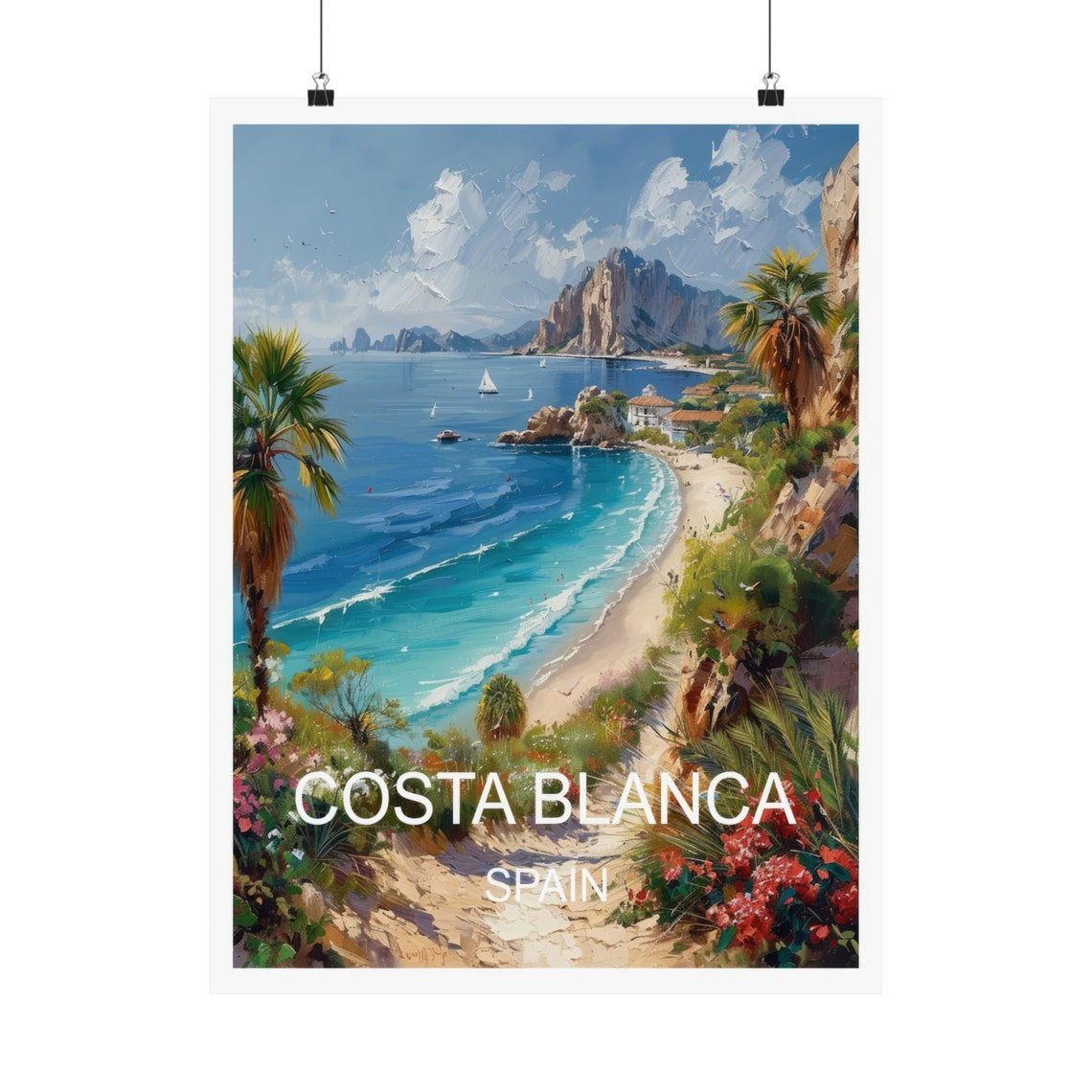 Costa Blanca Spain Turquoise Bay Beach Rocky Headland Palm View Poster - Image 5