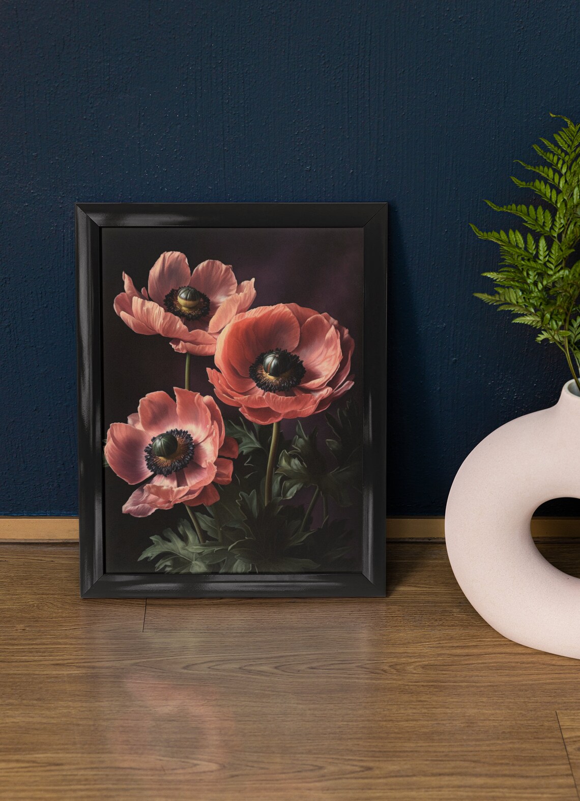 Coral Pink Anemone Blooms Dark Moody Floral Still Life Poster