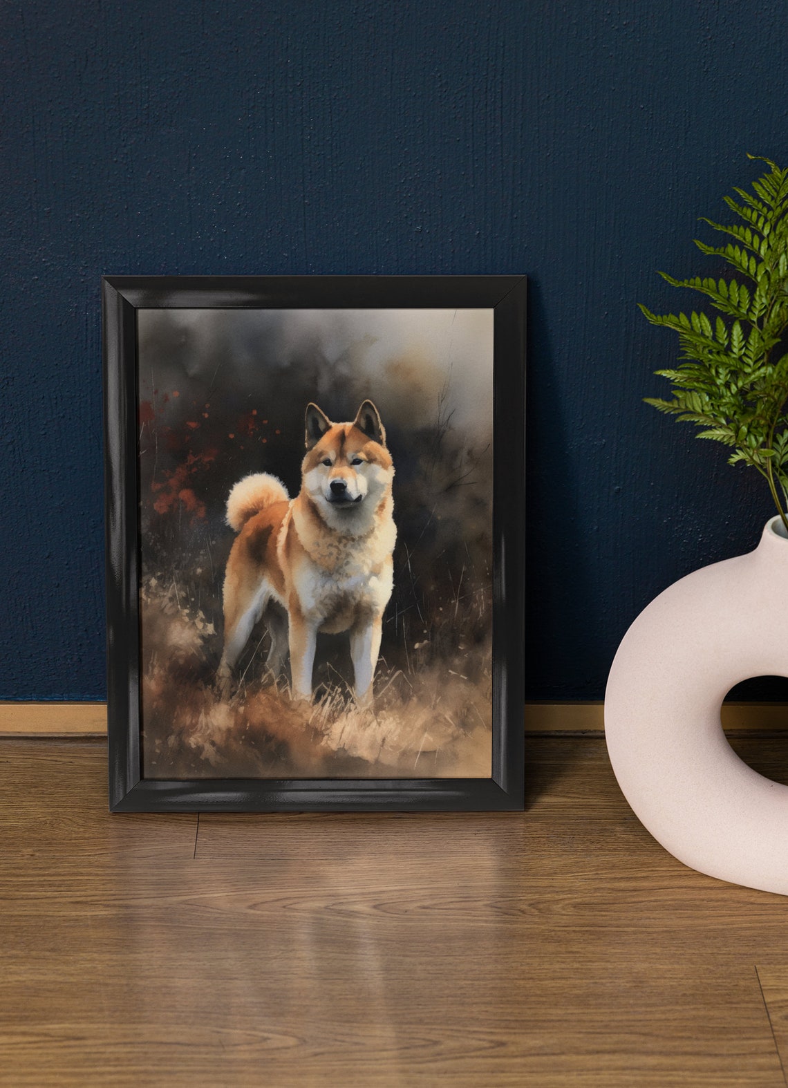 Akita Dog Tall Grass Field Watercolor Portrait Noble Breed Poster