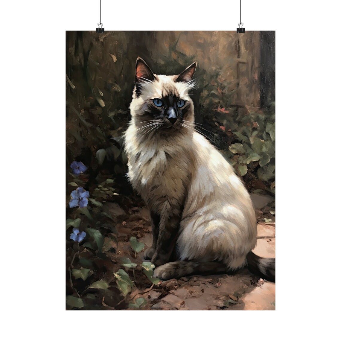 Balinese Cat Colorpoint Blue Eyes Sitting In Garden With Flowers Print - Image 5