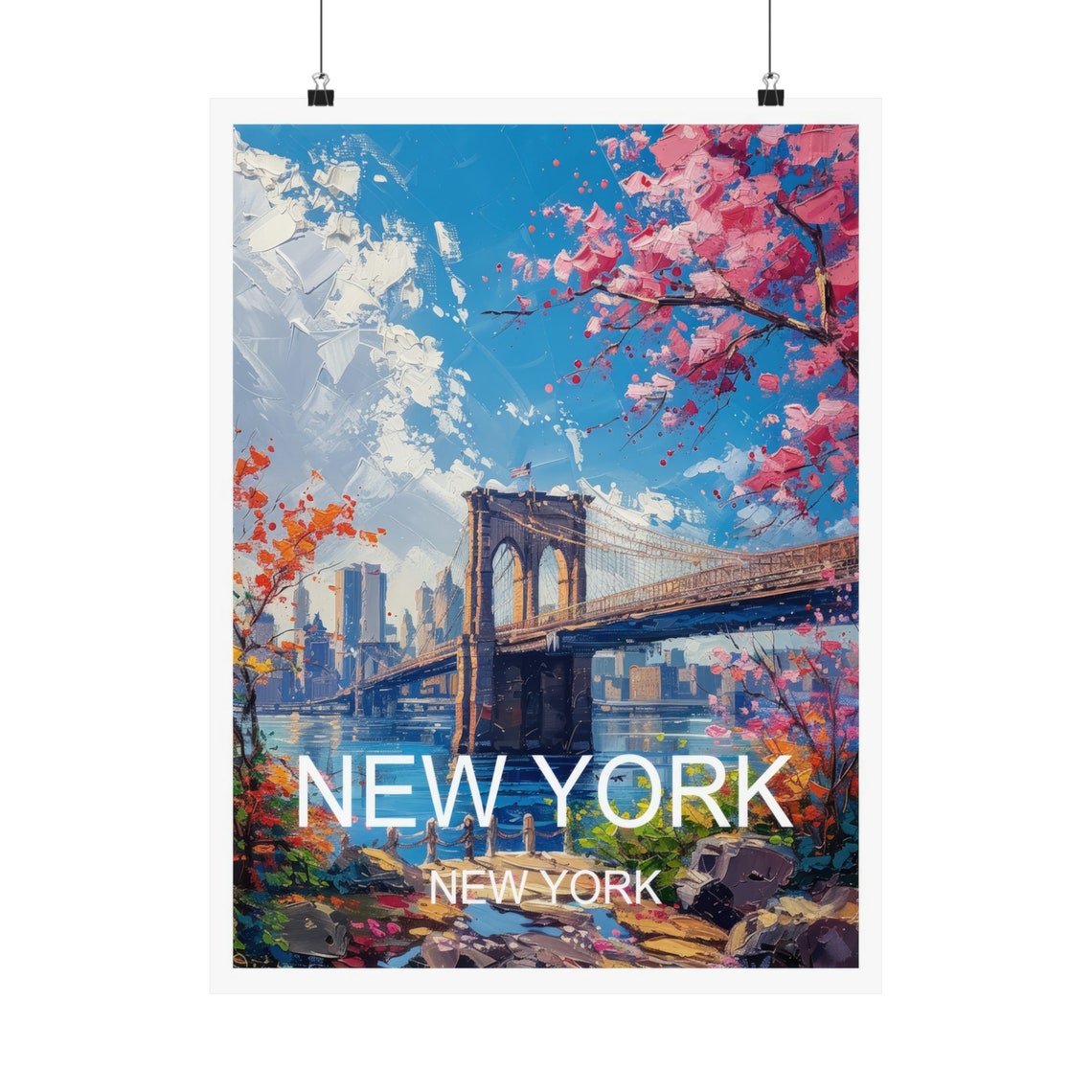 New York Brooklyn Bridge Cherry Blossom Skyline Travel Poster - Image 5