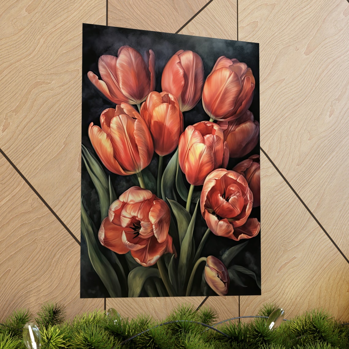 Salmon Orange Tulips Dark Moody Oil Painting Floral Wall Art - Image 2