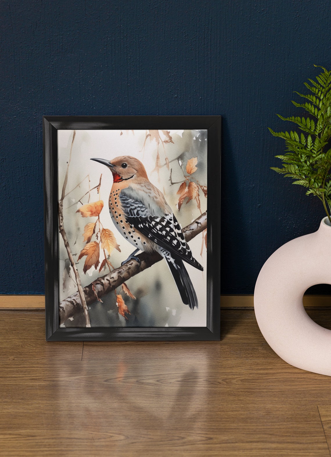 Northern Flicker Woodpecker Perched Watercolor Autumn Branch Art Print