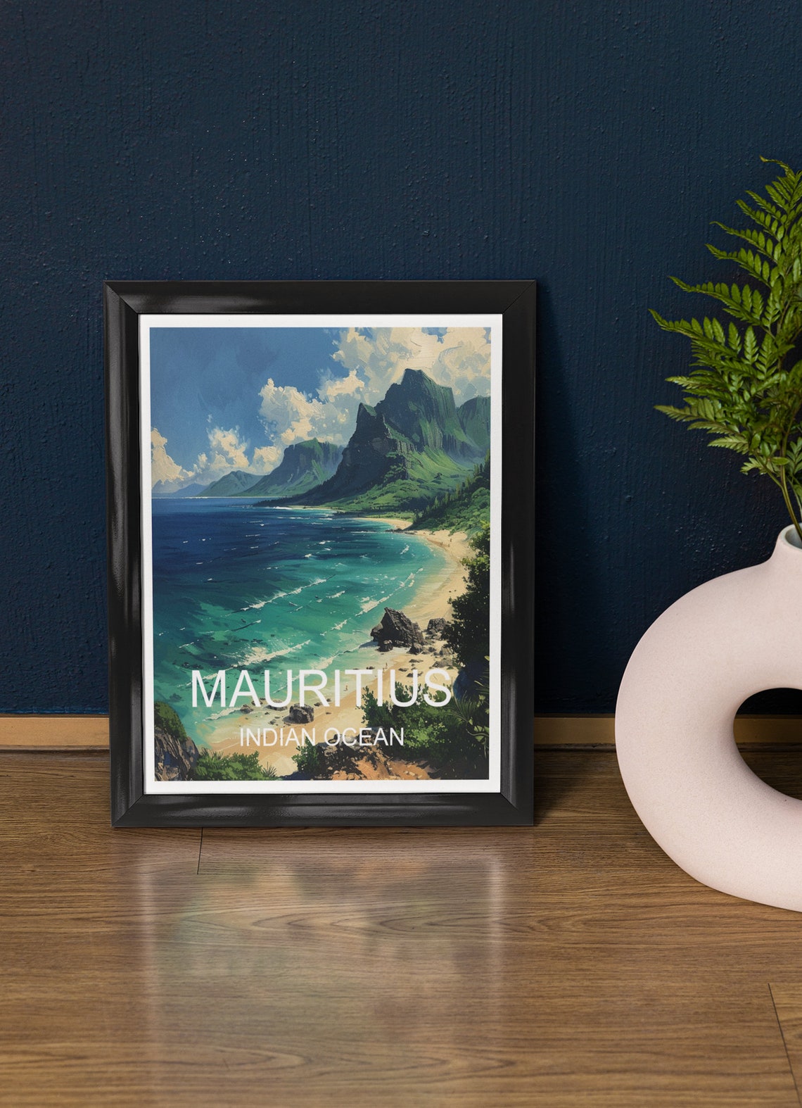 Mauritius Indian Ocean Turquoise Beach Mountain View Travel Poster