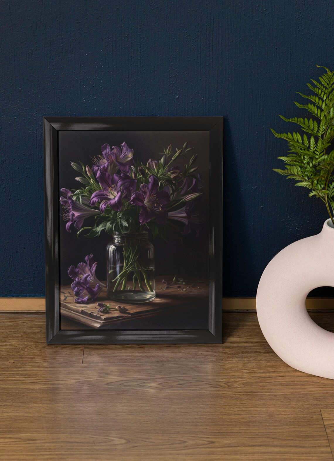 Purple Alstroemeria Flowers Glass Jar Dark Moody Botanical Art Print