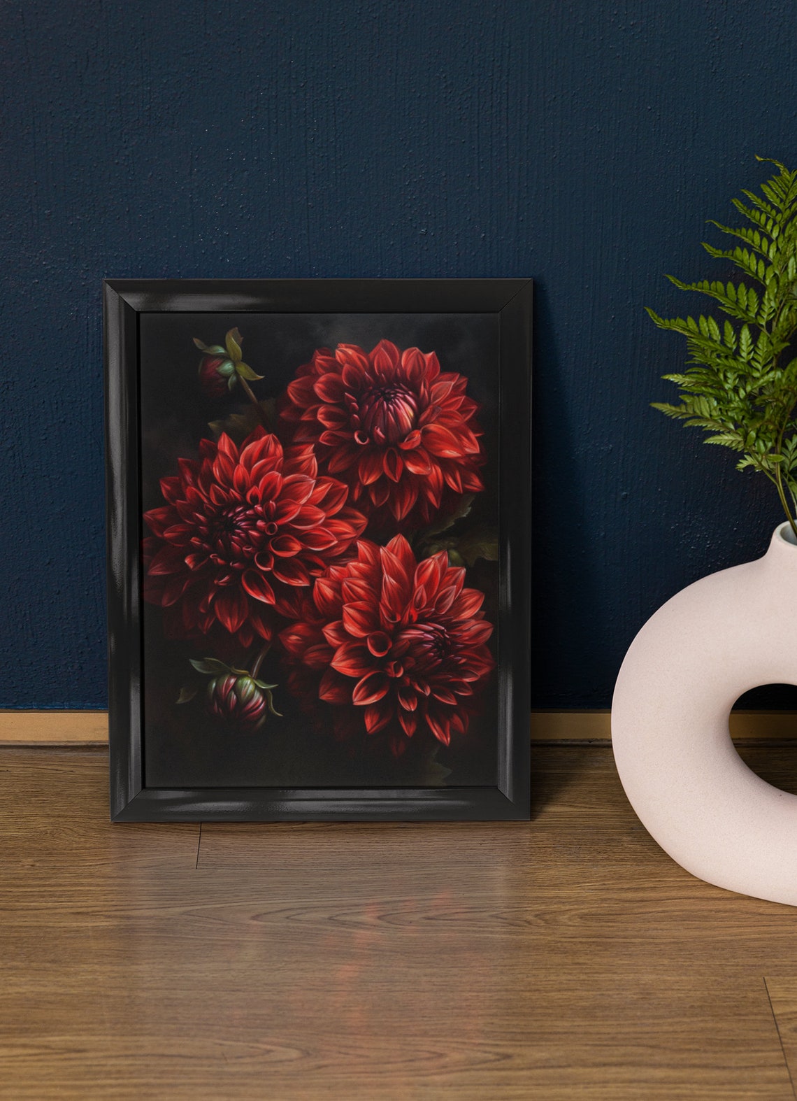 Red Dahlia Blooms on Black Botanical Floral Oil Painting Art Print