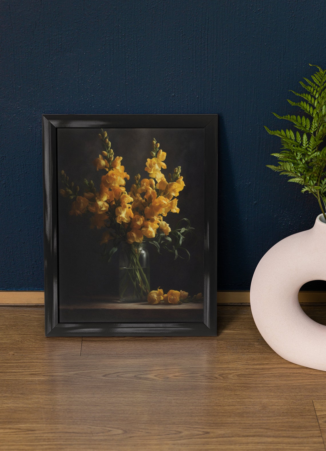 Golden Yellow Snapdragon Flowers Glass Vase Dark Still Life Art Print