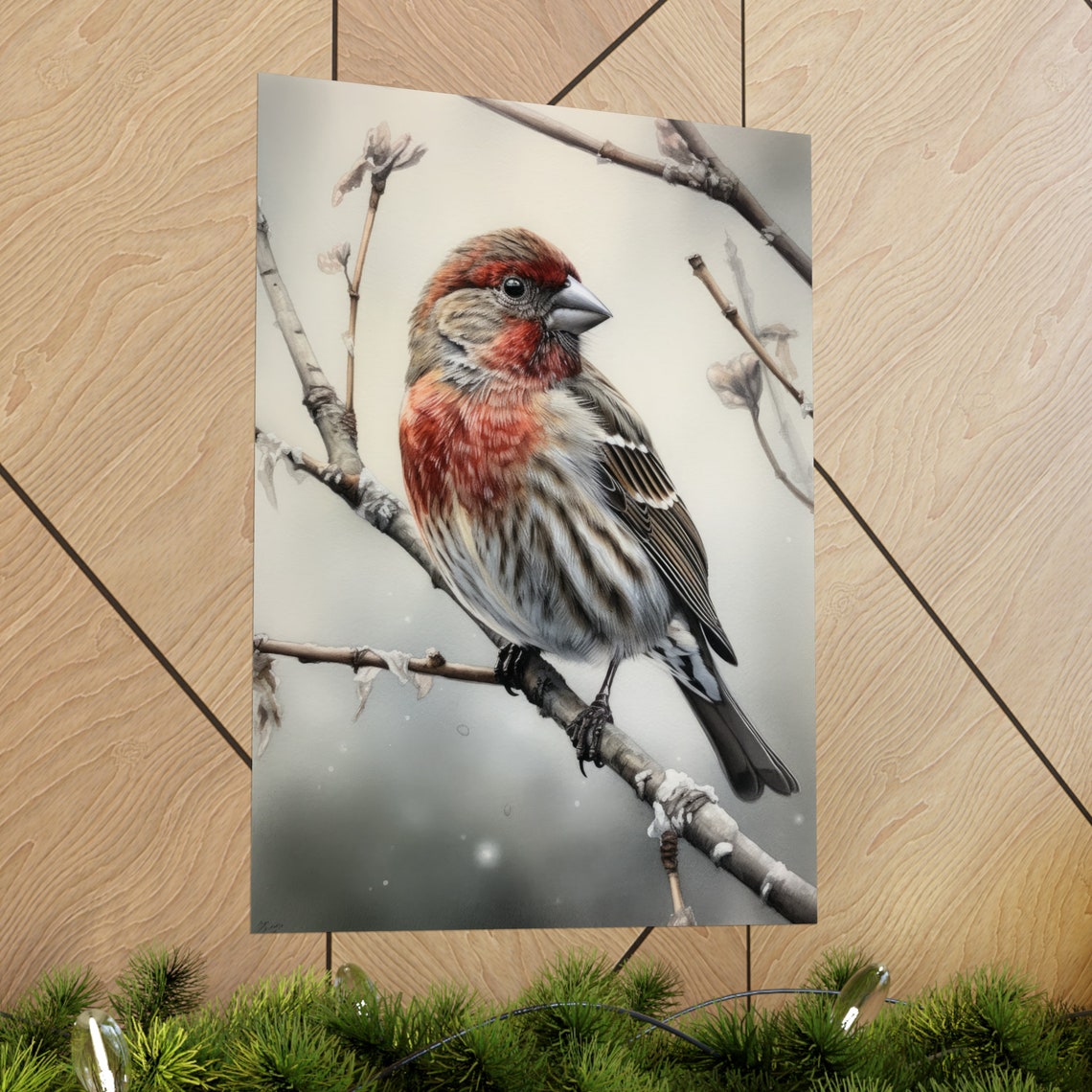 House Finch Perched On Snowy Winter Branch Watercolor Bird Print - Image 2
