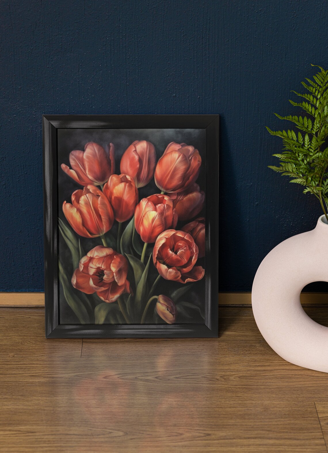 Salmon Orange Tulips Dark Moody Oil Painting Floral Wall Art