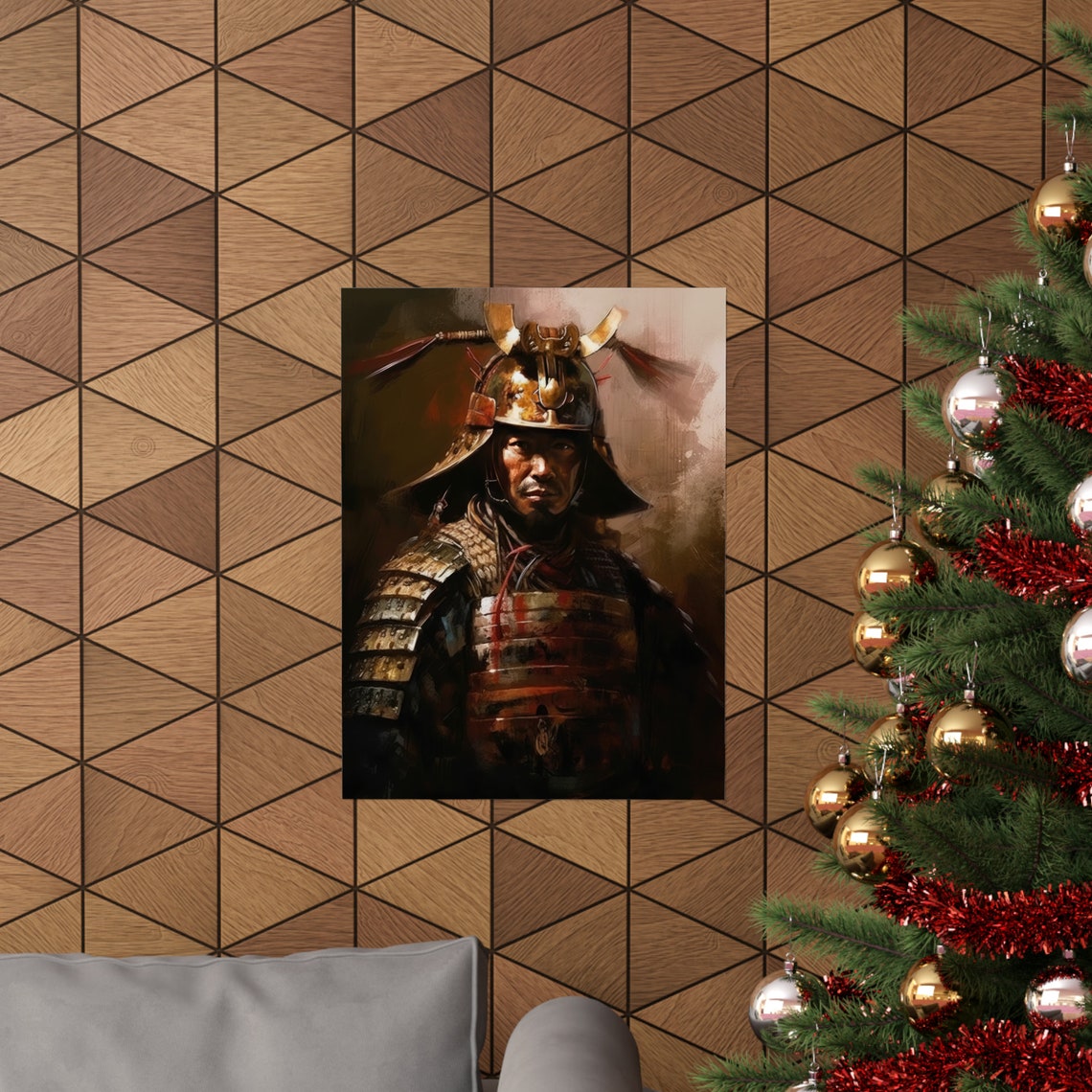 Samurai General in Horned Kabuto Helmet Dark Dramatic Art Print - Image 3