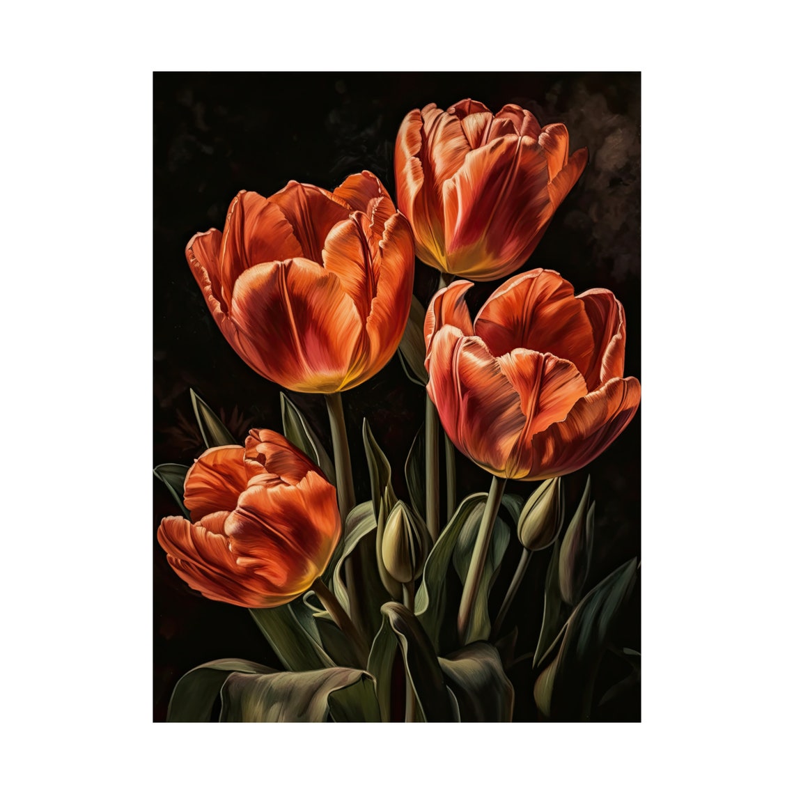 Bold Orange Red Tulips Dark Moody Oil Painting Floral Wall Art - Image 4