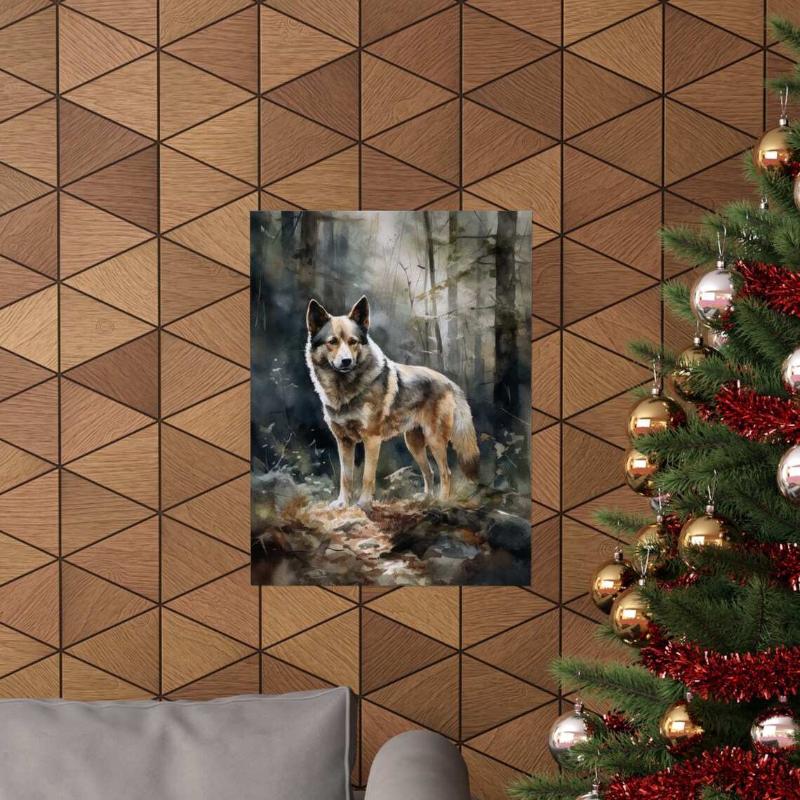 Swedish Vallhund Watercolor Portrait Standing In Dark Forest Poster - Image 3