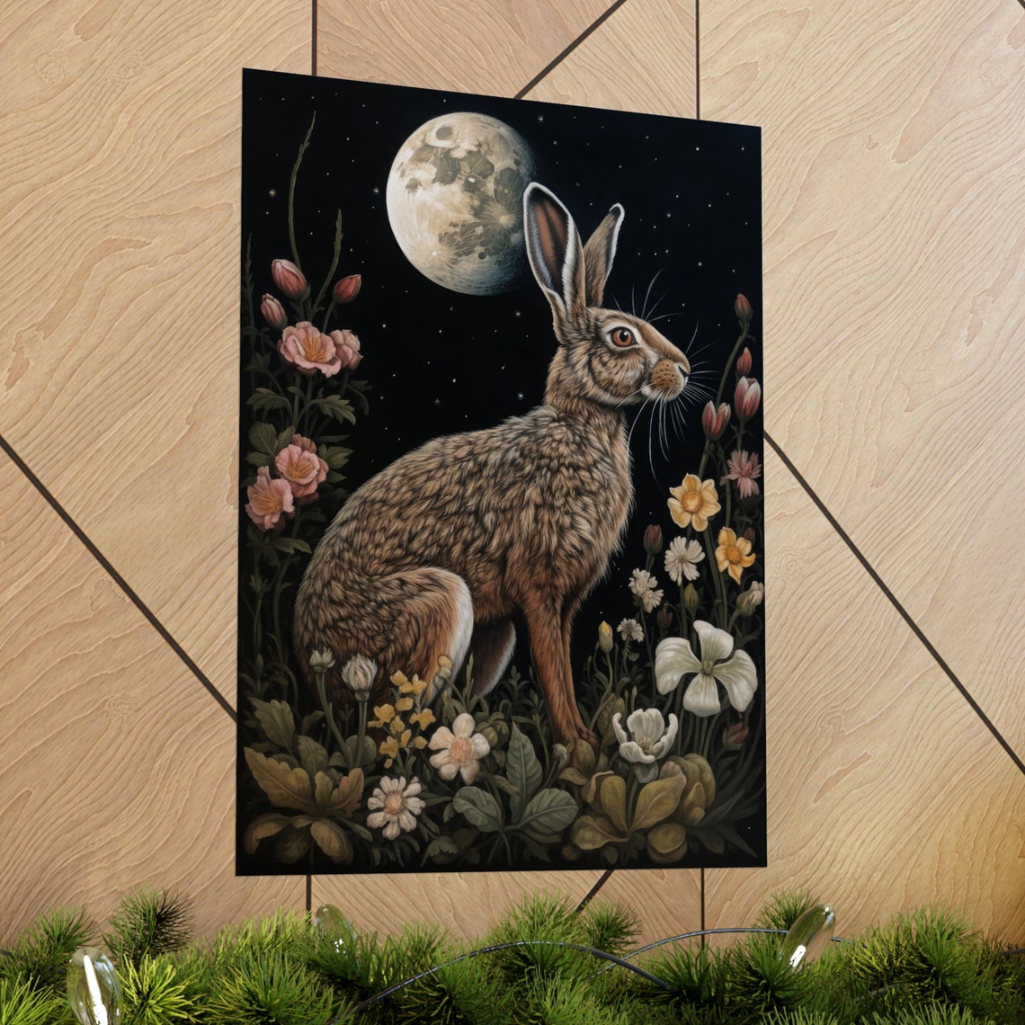 Wild Hare Gazing at Moon Dark Academia Wildflower Night Poster - Image 2