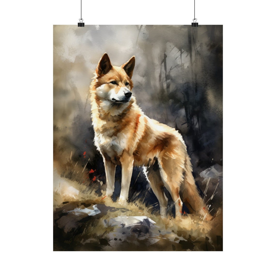 Norwegian Buhund Golden Red Spitz Misty Field Watercolor Poster - Image 5