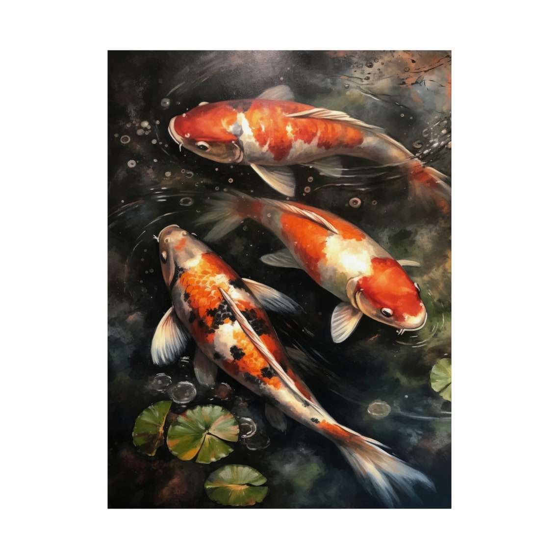 Three Koi Fish Swimming Dark Pond Lily Pads Painting Art Print - Image 4