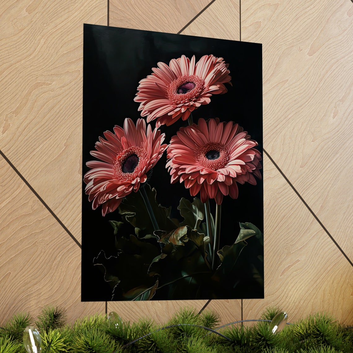 Pink Gerbera Daisies Dark Moody Elegant Floral Oil Painting Wall Art - Image 2