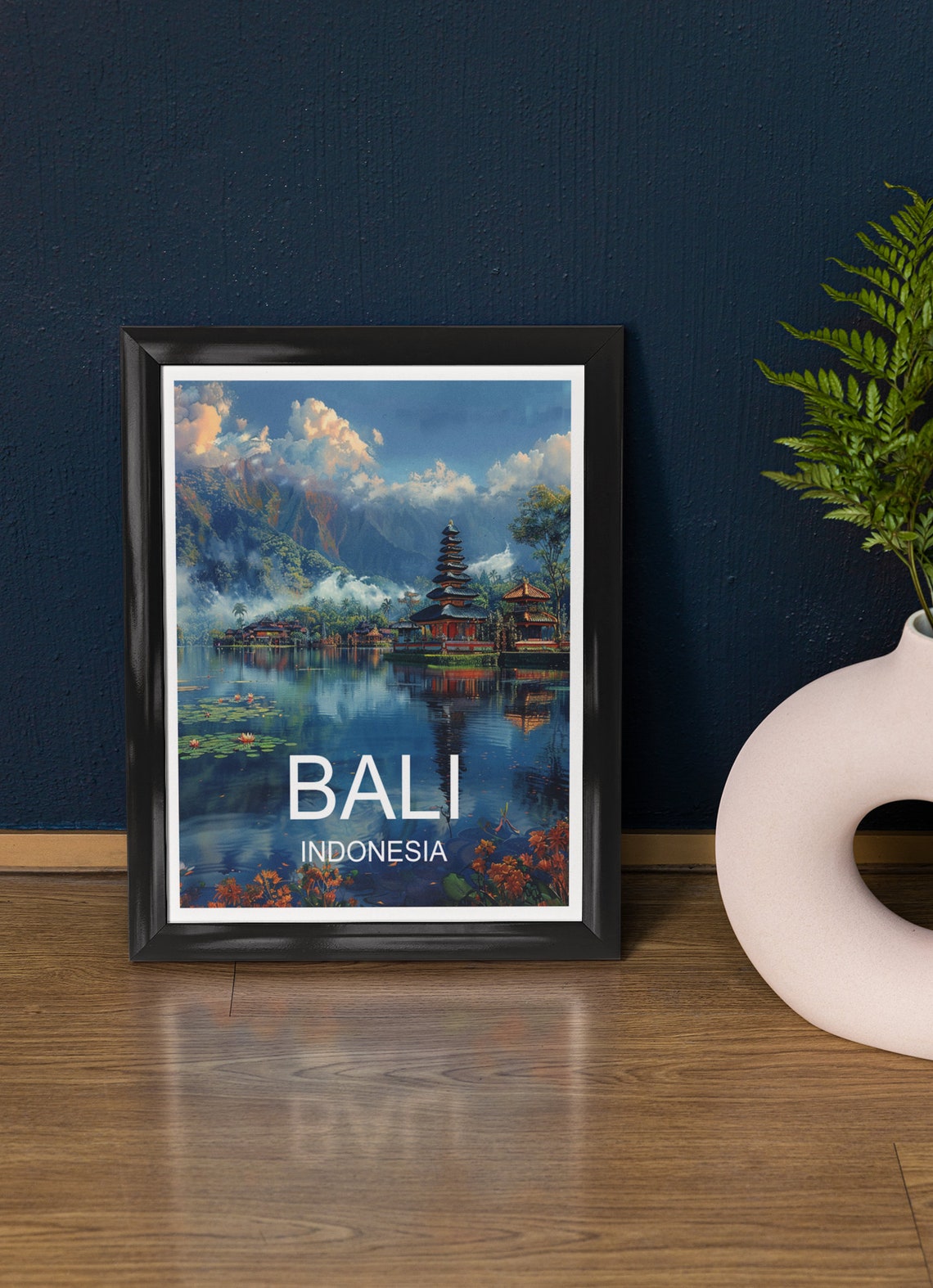 Bali Indonesia Lake Temple Mountain Reflections Travel Poster