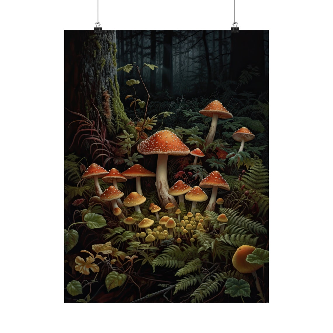 Mixed Amanita Mushroom Patch With Ferns Yellow Blooms Forest Poster - Image 5