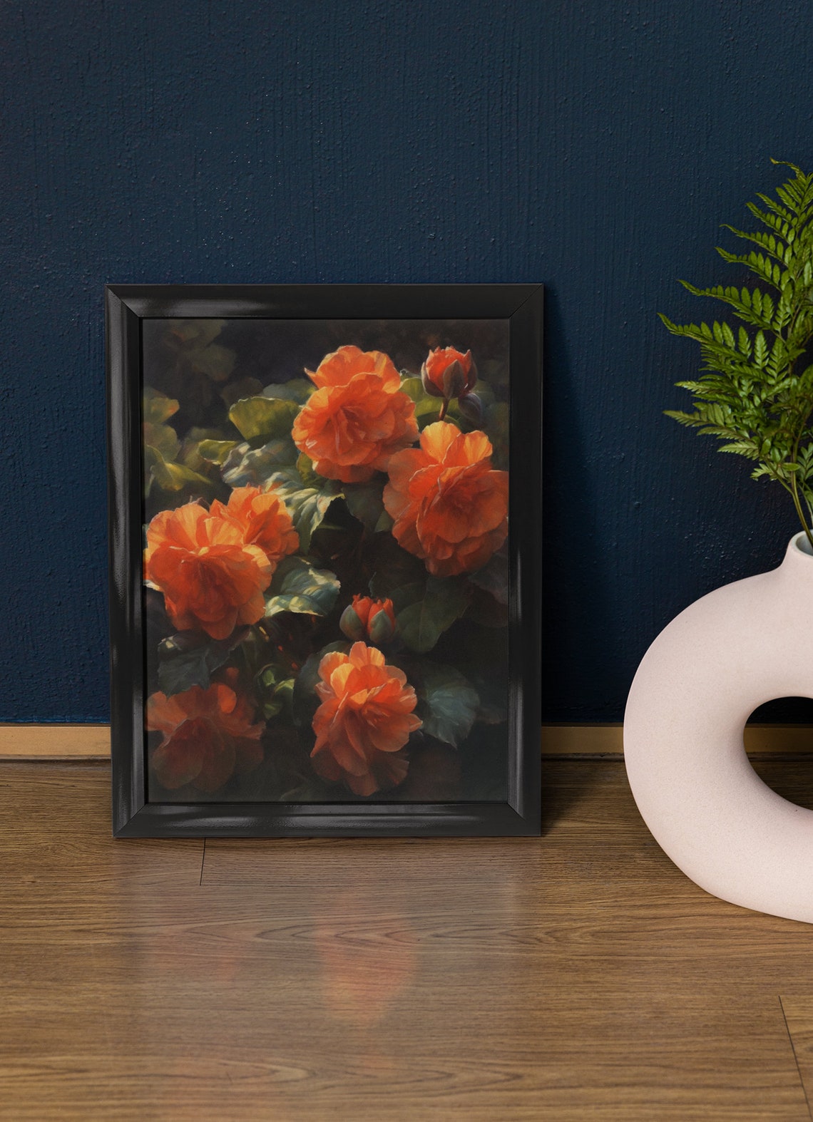 Orange Begonias Dappled Sunlight Dark Garden Blooms Floral Art Poster