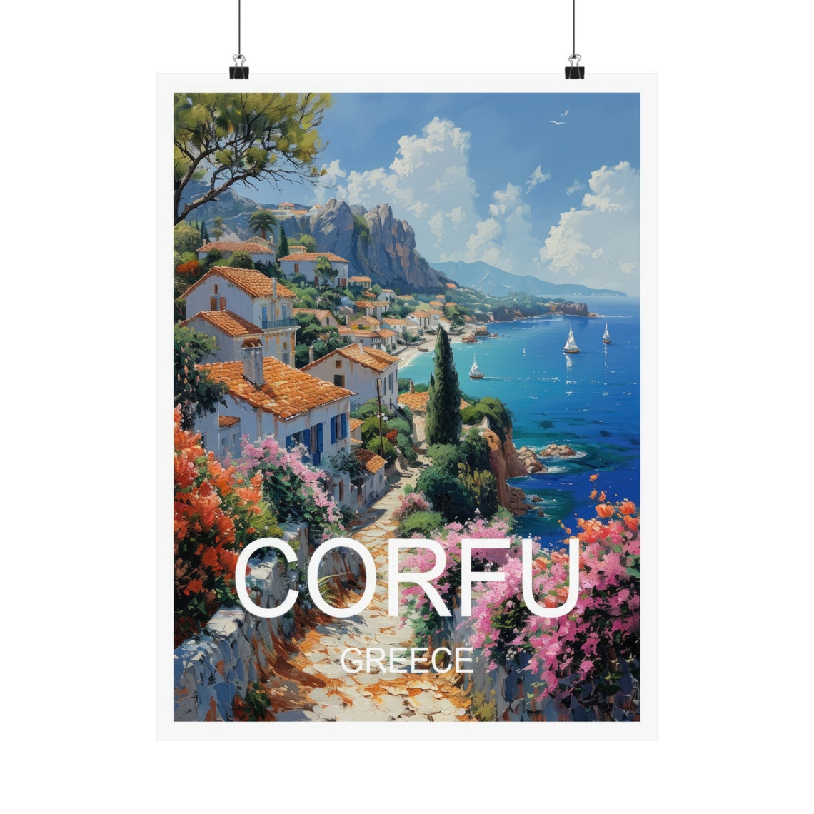 Corfu Greece Coastal Village Whitewashed Houses Travel Poster - Image 5