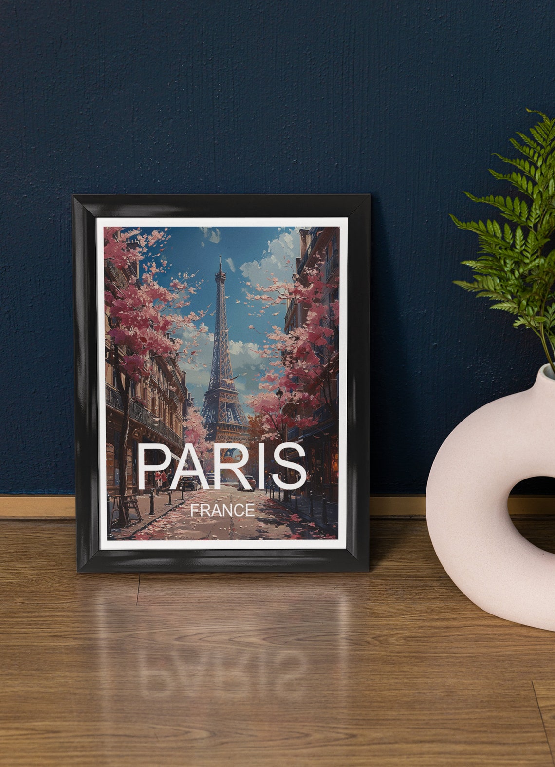 Paris Eiffel Tower Pink Spring Blossom Street View Travel Poster