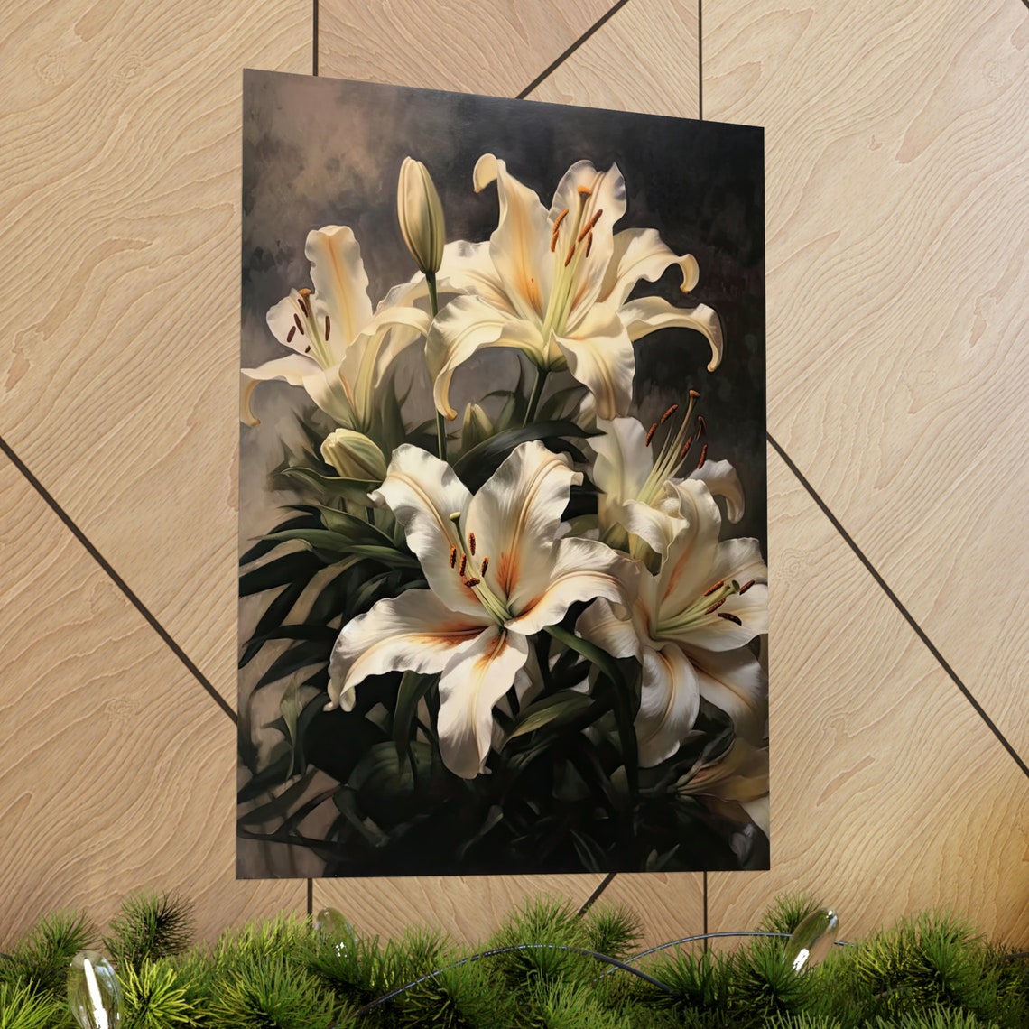 Cream Lily Blooms and Buds Ivory Dark Floral Botanical Art Print - Image 2