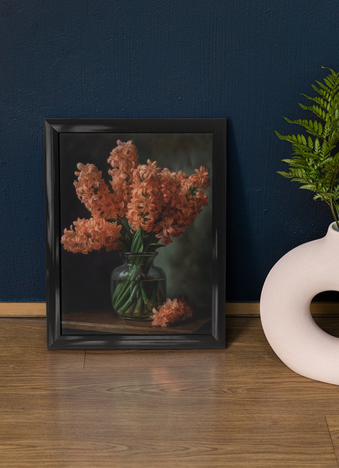 Apricot Hyacinth Blossoms Glass Vase Dark Still Life Flower Poster