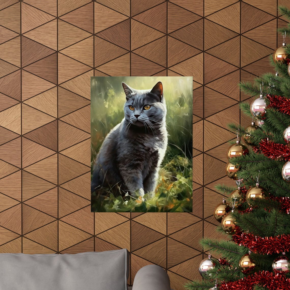 British Shorthair Cat Portrait Sunlit Garden Oil Painting Art Print - Image 3