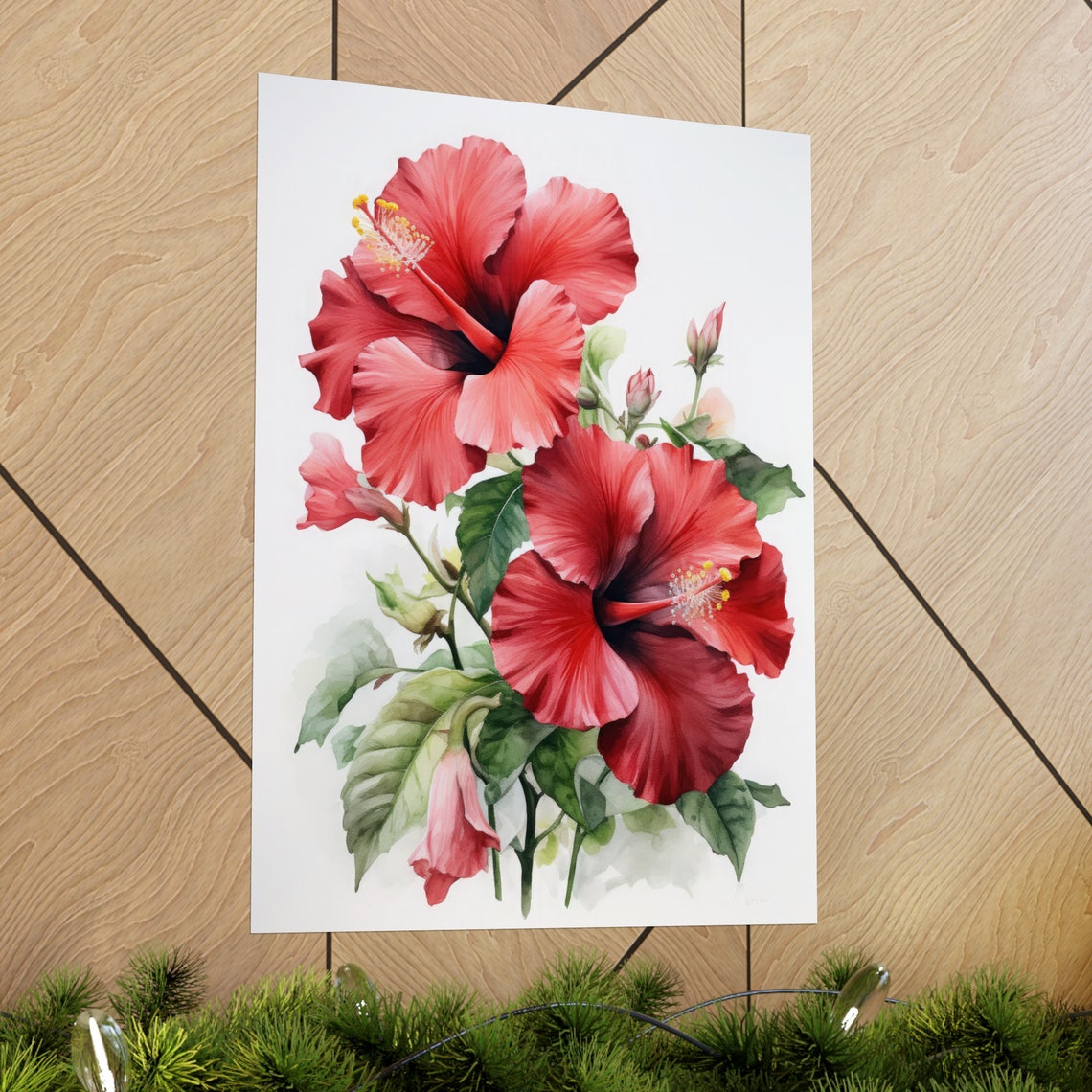 Red Hibiscus Flowers Watercolor Tropical Botanical Fine Art Poster - Image 2