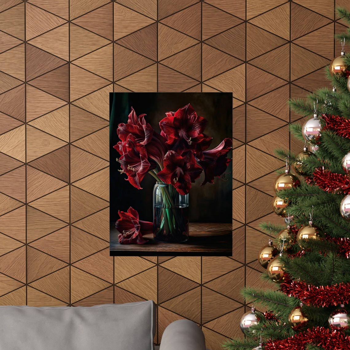 Burgundy Amaryllis Dark Still Life Flowers Glass Vase Art Print - Image 3