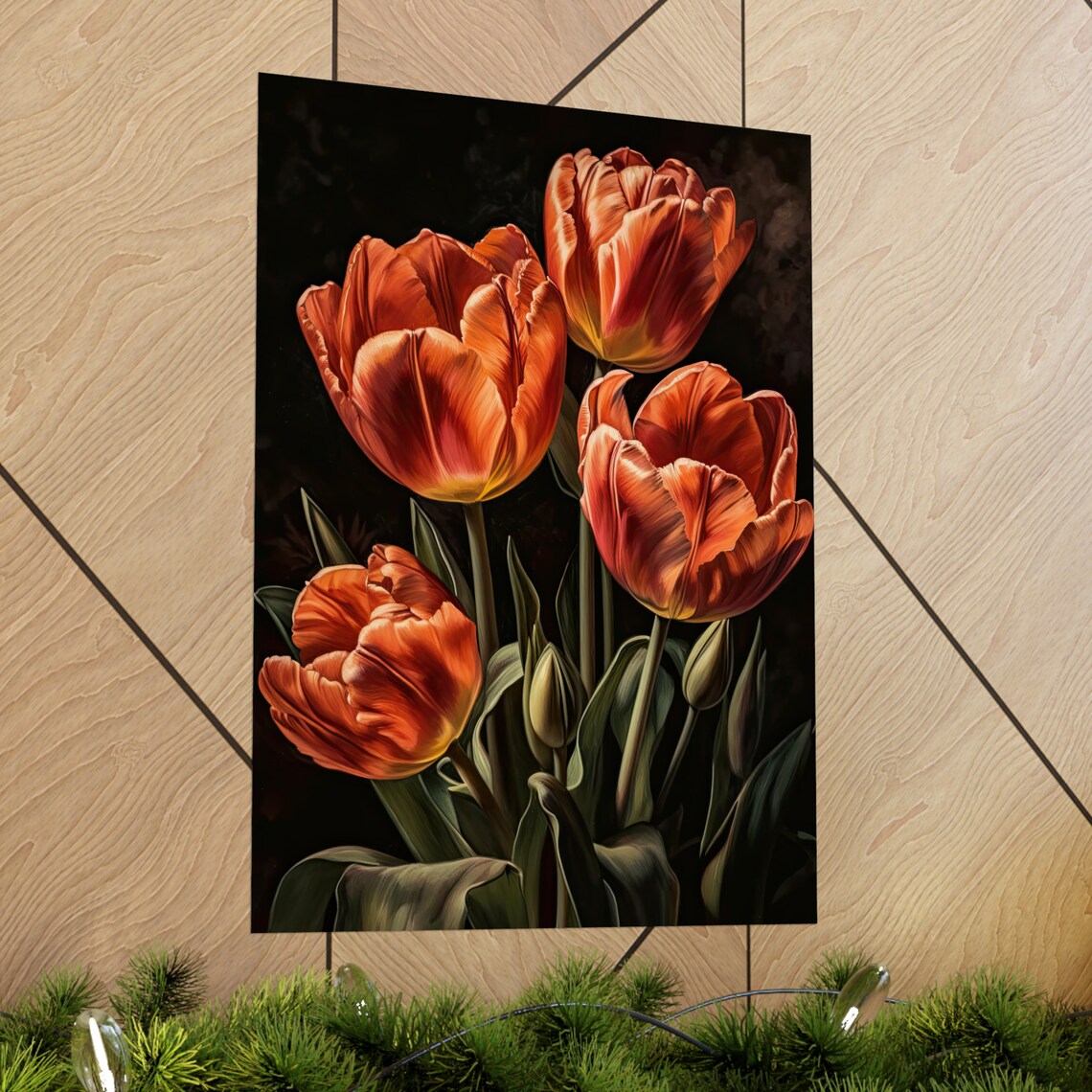 Bold Orange Red Tulips Dark Moody Oil Painting Floral Wall Art - Image 2
