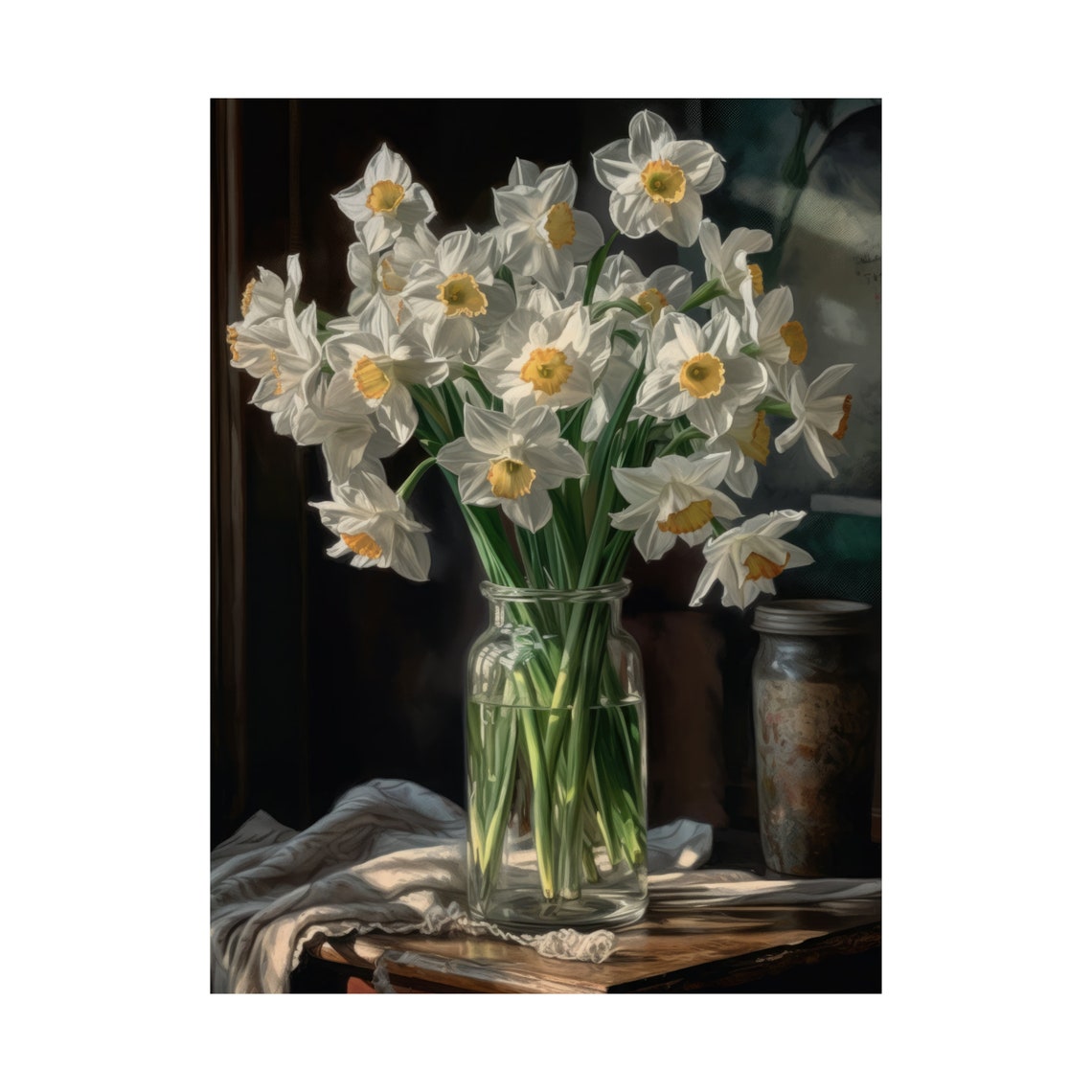 White Daffodil Stems Sunny Yellow Centers Mason Jar Still Life Poster - Image 4