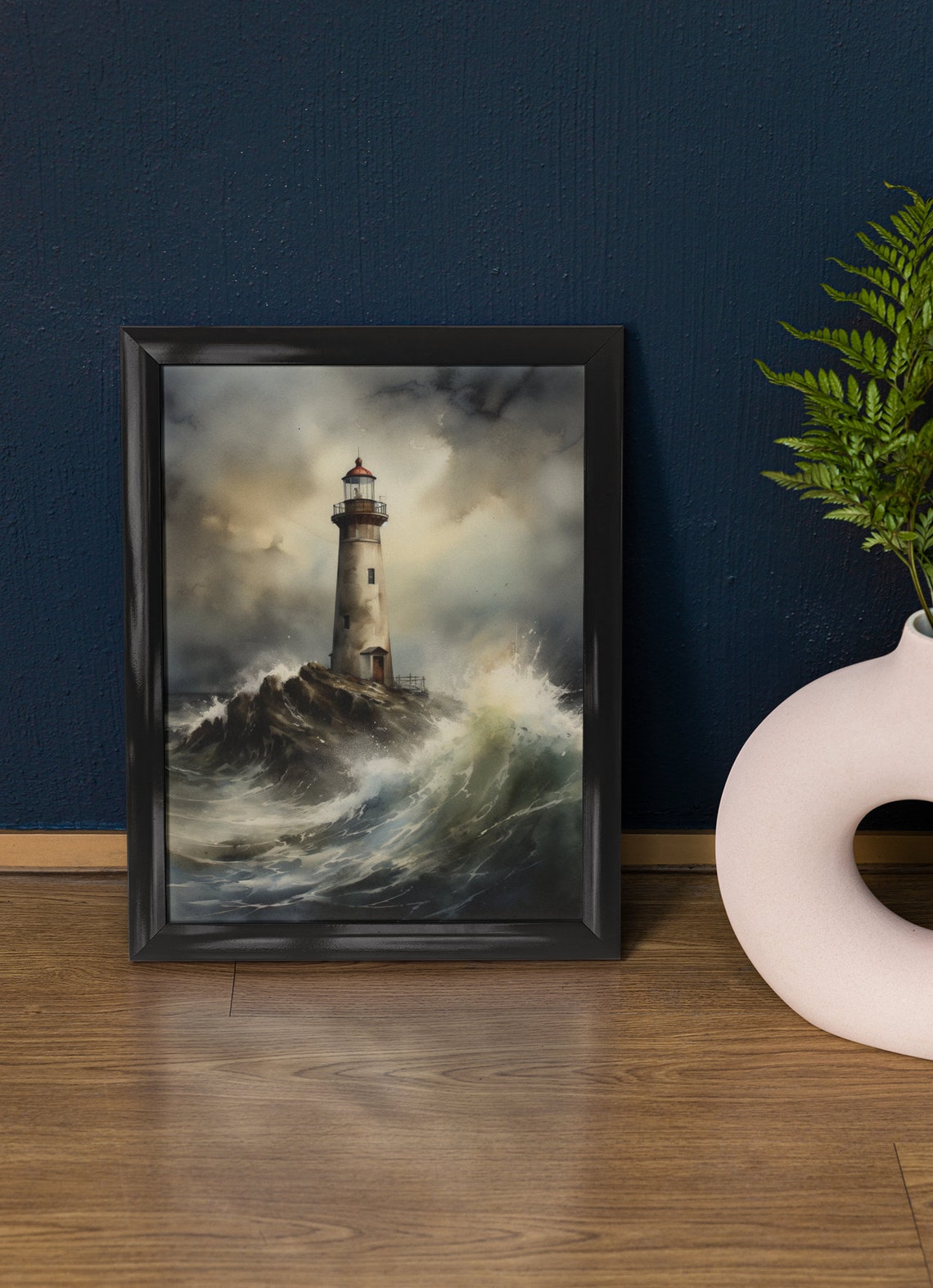 Weathered Lighthouse Rocky Island Storm Waves Watercolor Poster