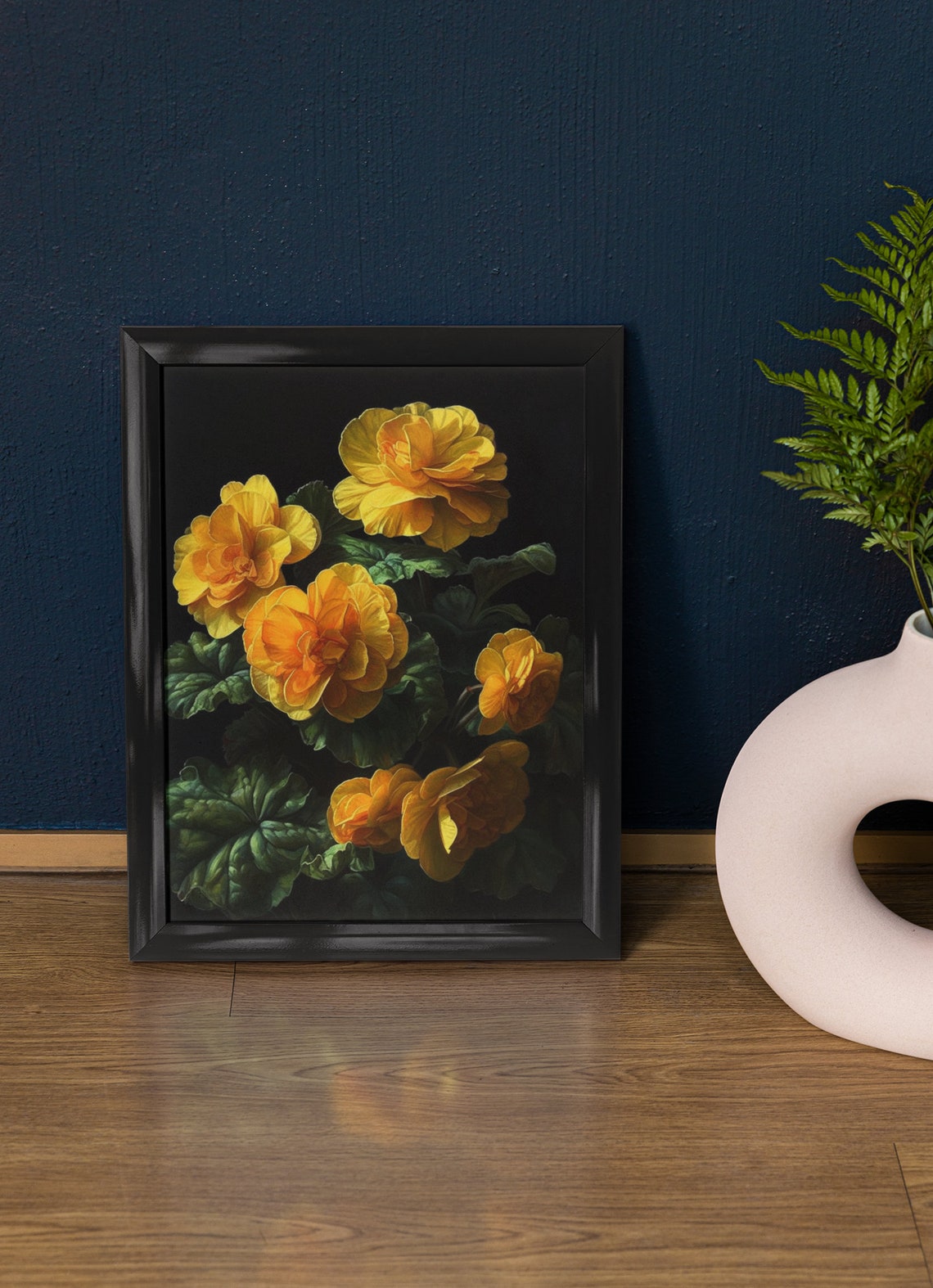 Golden Yellow Begonia Clusters Glossy Leaves Rich Dark Floral Poster
