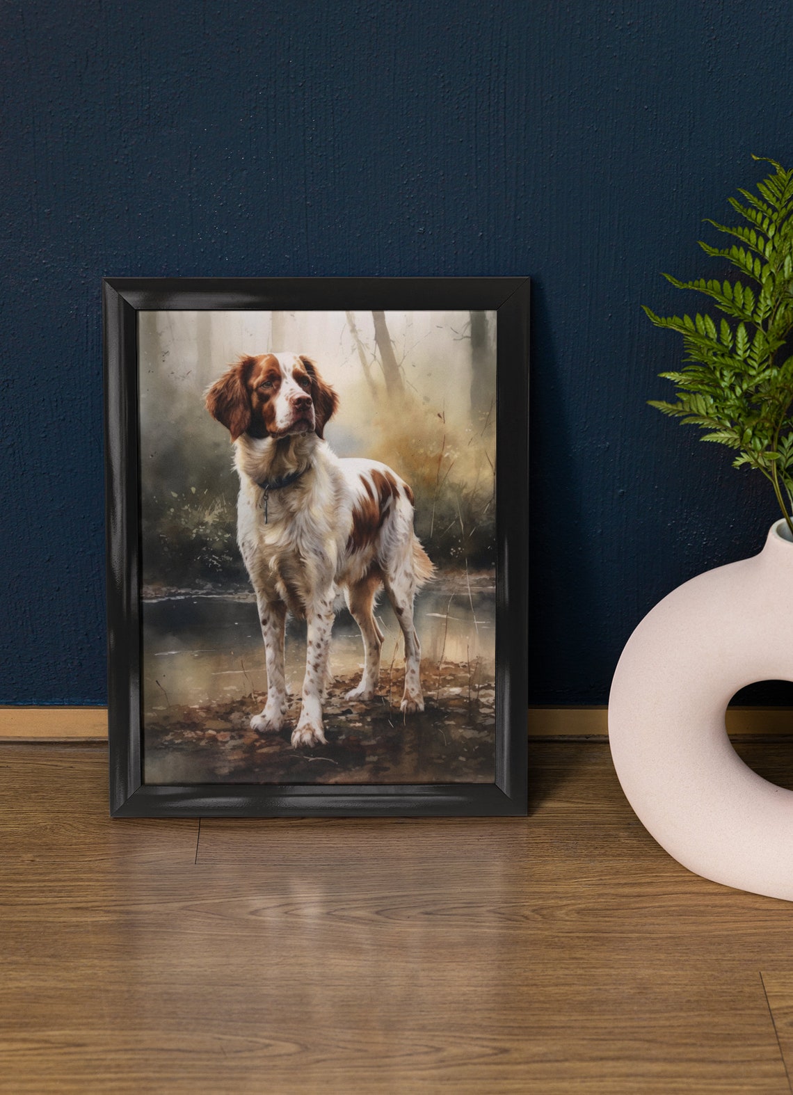 Brittany Dog Watercolor Portrait on a Misty Wooded Lakeside Poster