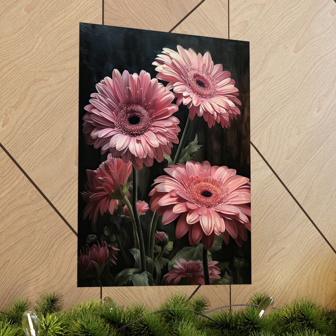 Pink Gerbera Daisy Cheerful Blush Blooms Dark Floral Art Poster - Image 2