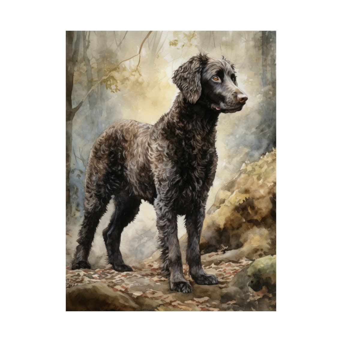 Curly Coated Retriever Standing in Forest Watercolor Dog Art Print - Image 4