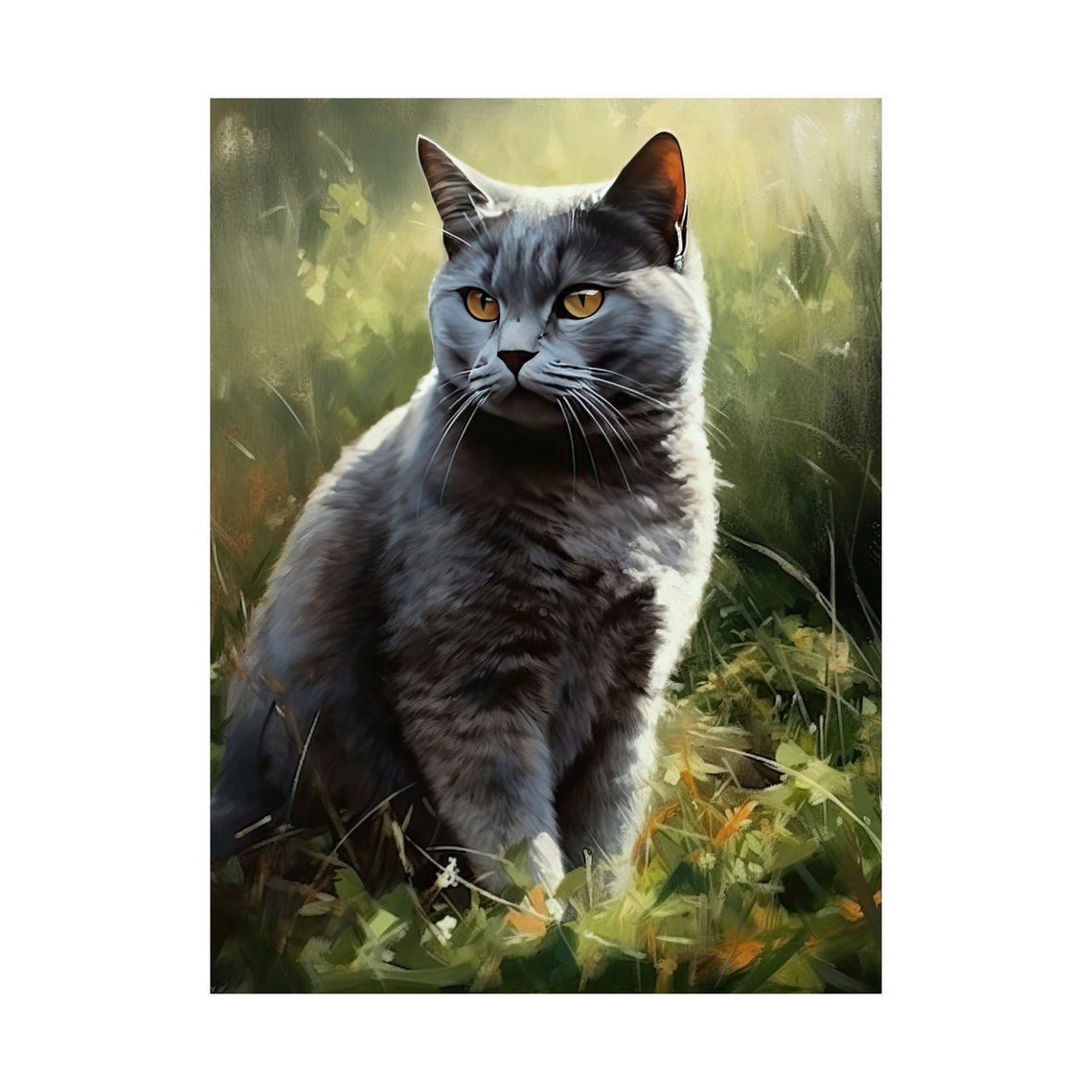 British Shorthair Cat Portrait Sunlit Garden Oil Painting Art Print - Image 4