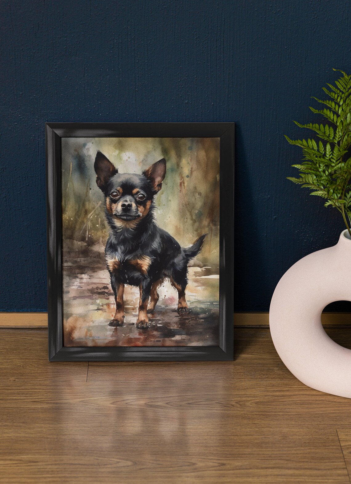 Russian Toy Dog Watercolor Portrait With Big Ears In Forest Art Print