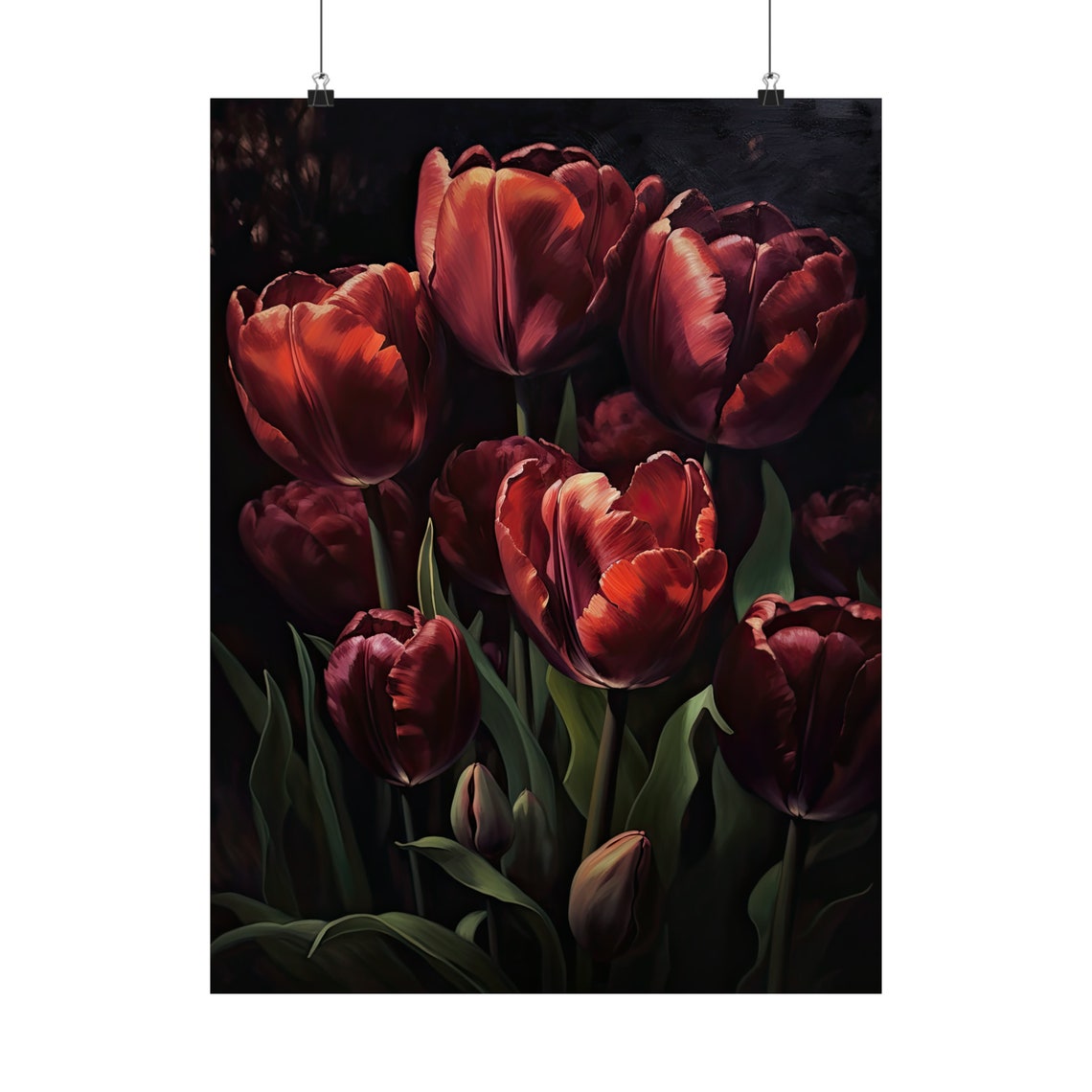Deep Maroon Tulip Blooms Moody Dark Floral Botanical Art Print - Image 5